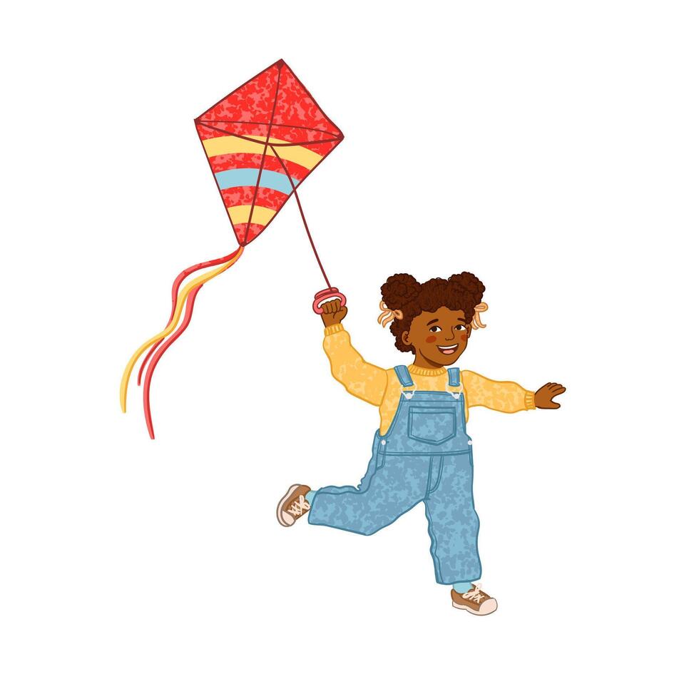 Colorful Illustration of Girl Runs with a Kite Isolated on White Background vector