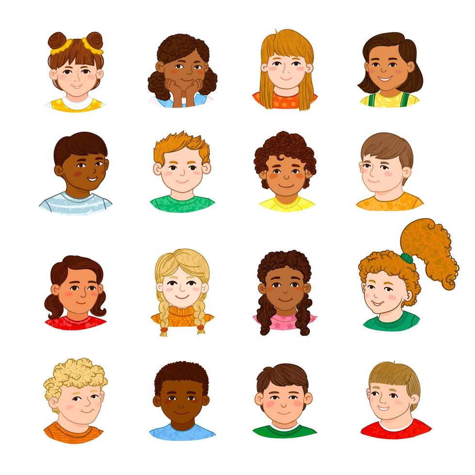Colorful Illustration of Portraits of Cute Children Isolated on White Background vector