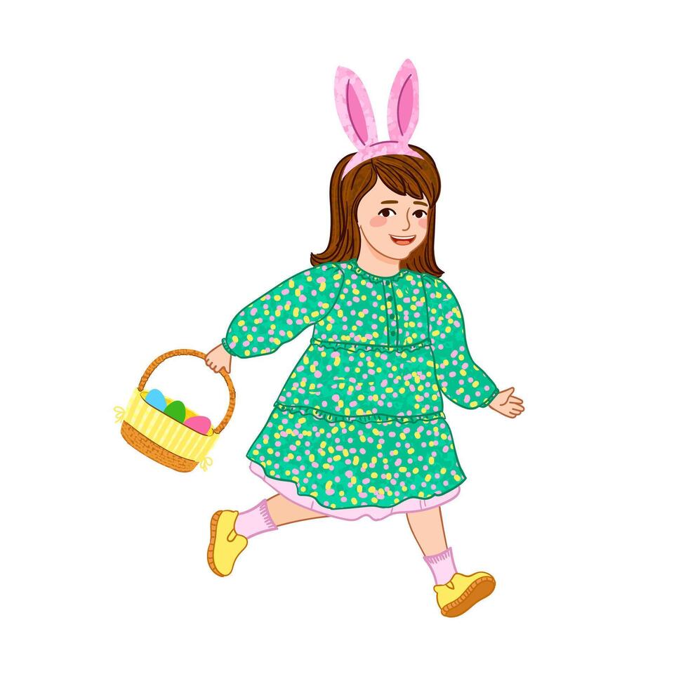 Colorful Illustration of Girl Runs with an Easter Egg Basket Isolated on White Background vector
