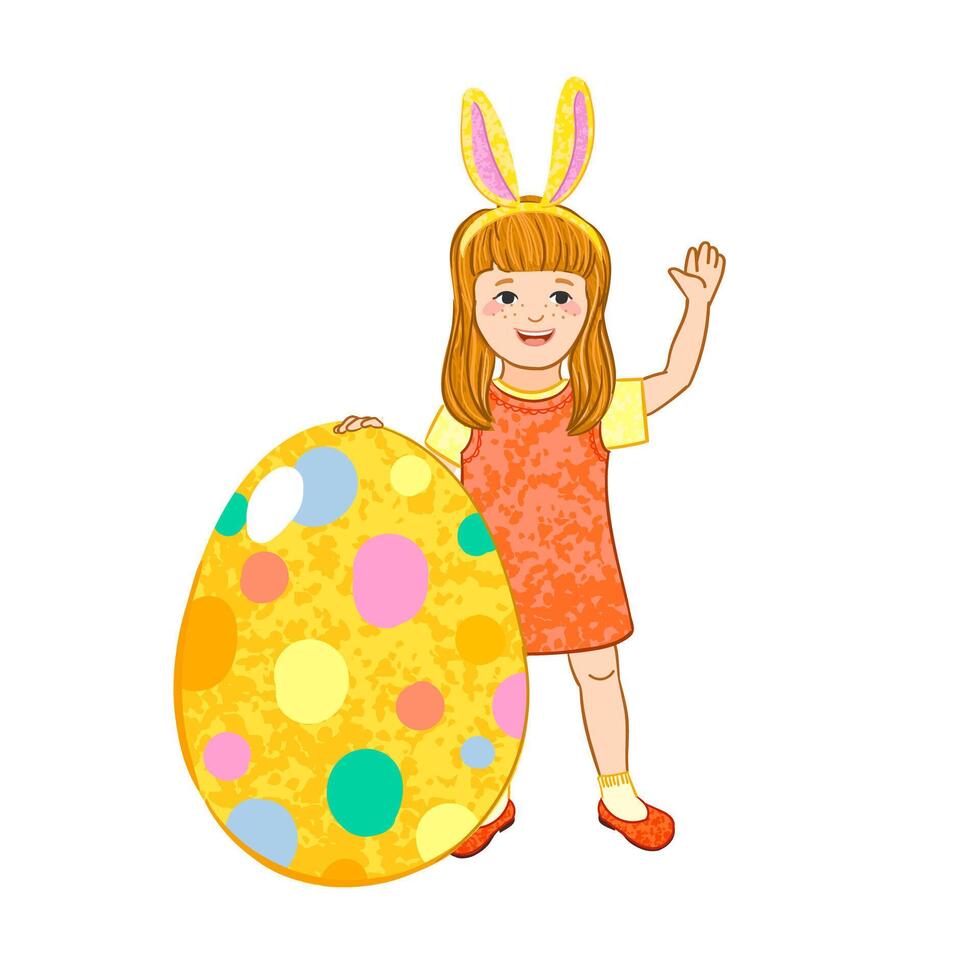 Colorful Illustration of Girl Stands Next to a Large Easter Egg Isolated on White Background vector