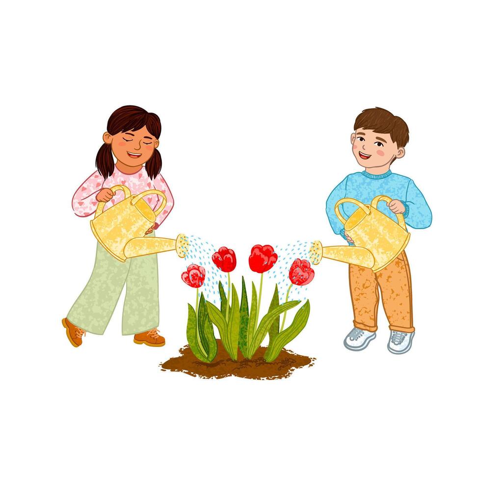 Colorful Illustration of Girl and Boy Waters Tulips From a Watering Can Isolated on White Background vector