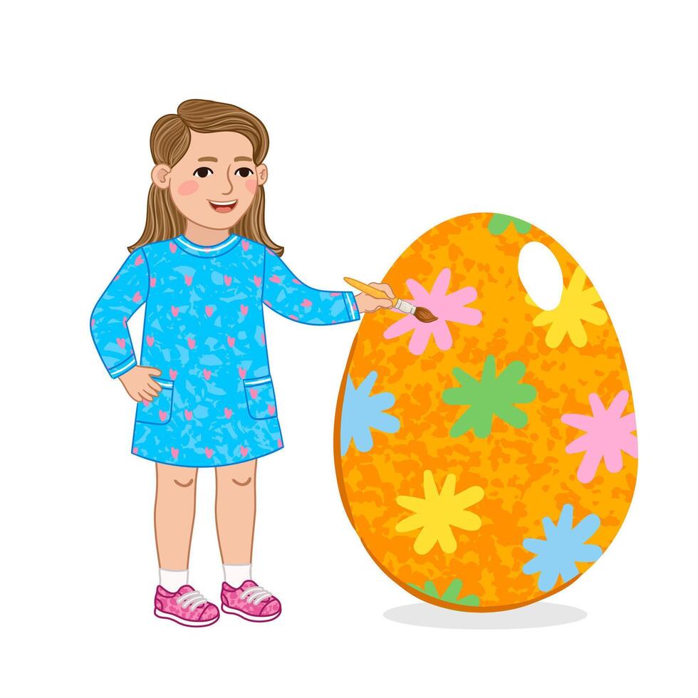 Colorful Illustration of Girl Decorates an Easter Egg Isolated on White Background vector