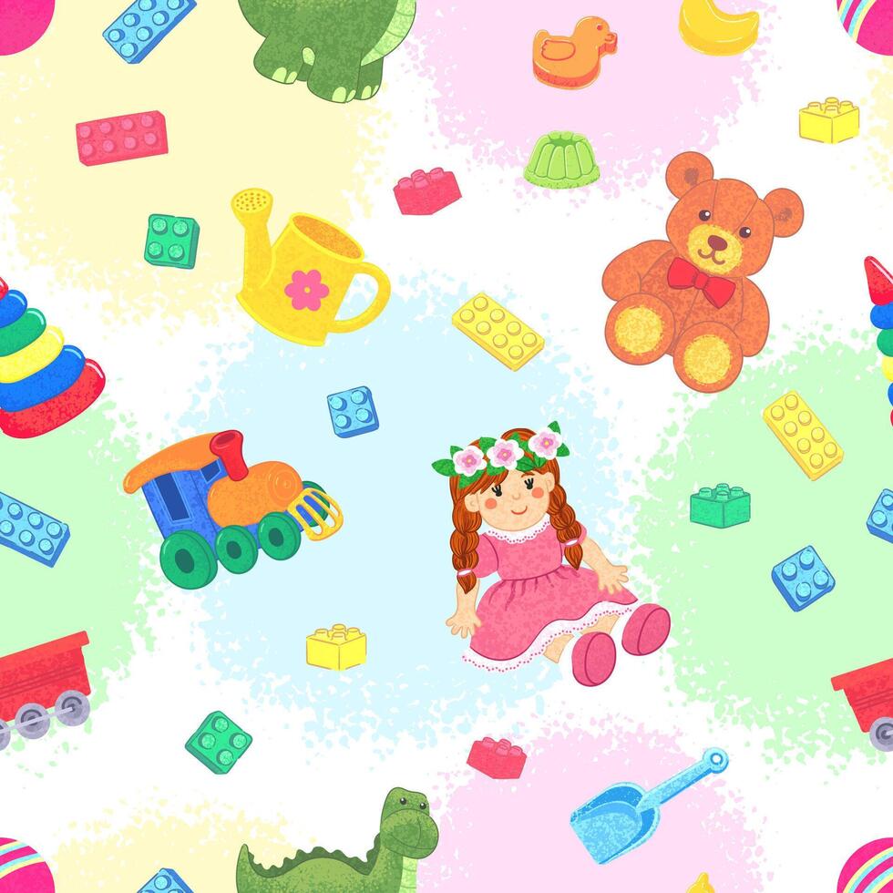 Seamless Pattern with Colorful Textured Illustrations of Kids Toys on Colorful Textured Background vector