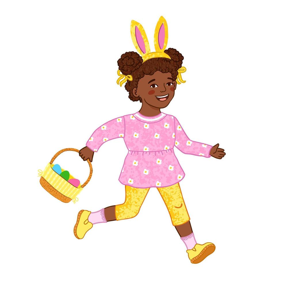 Illustration of Girl Runs with an Easter Egg Basket Isolated on White Background vector
