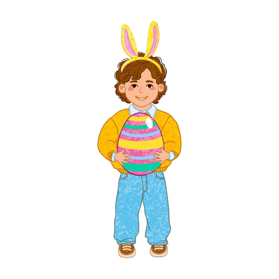Colorful Illustration of Boy Holds a Big Easter Egg Isolated on White Background vector
