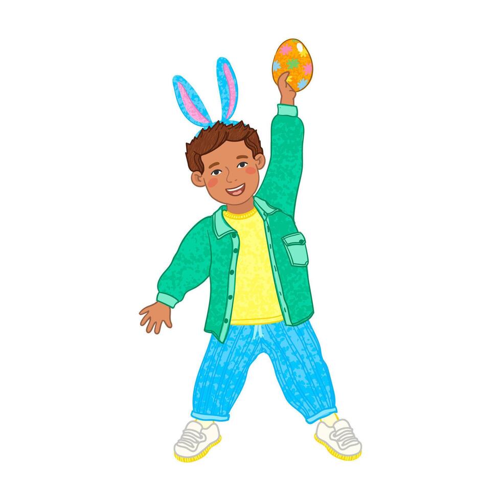 Colorful Illustration of Boy Holds a Easter Egg Isolated on White Background vector