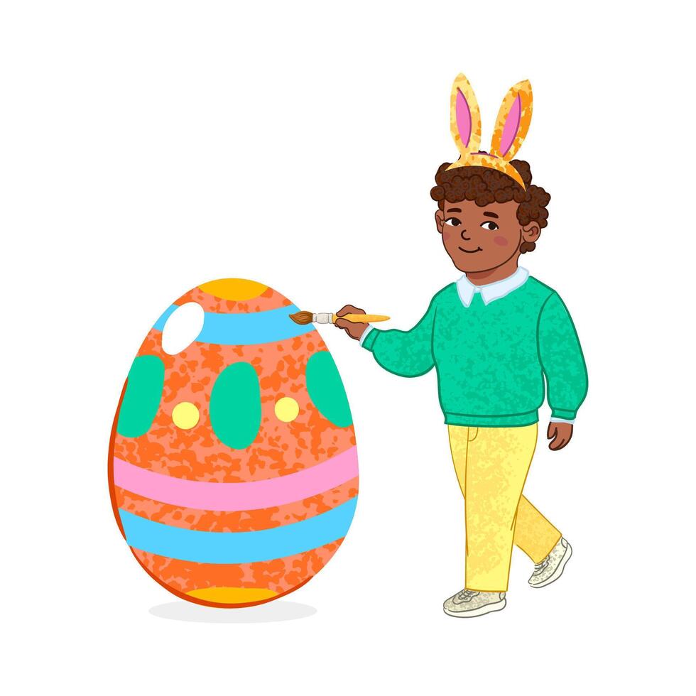 Colorful Illustration of Boy Decorates an Easter Egg Isolated on White Background vector