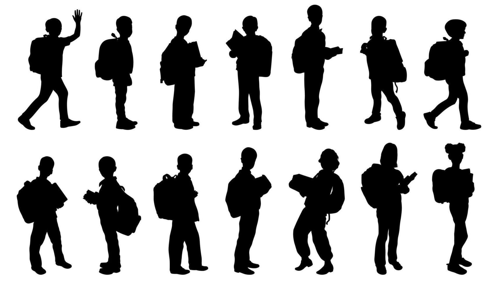 Set of Kids going to school with their backpacks silhouette illustration vector