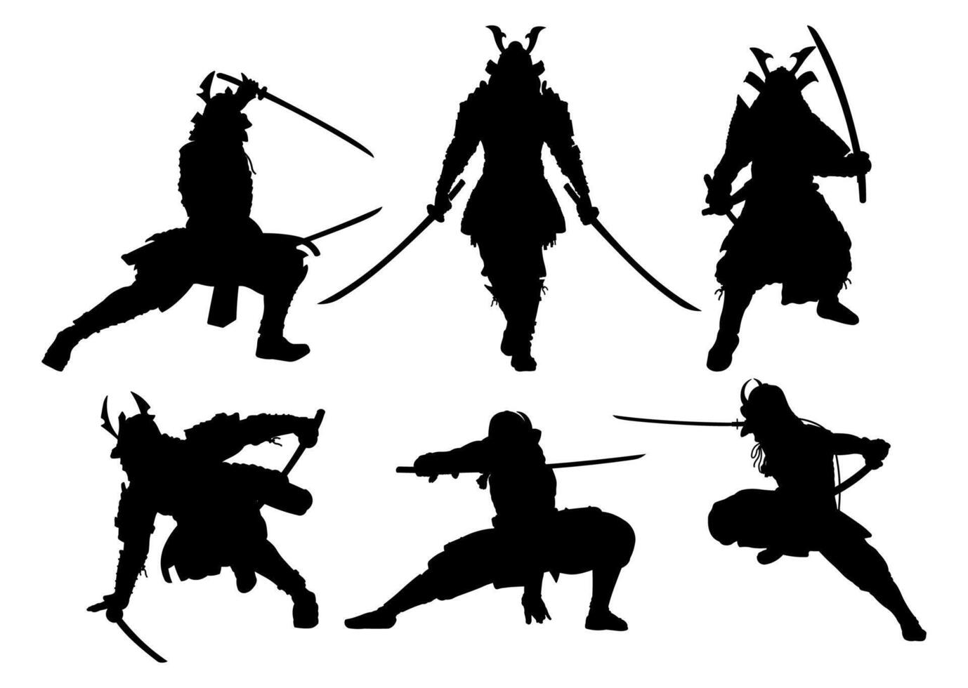 Samurai Cloaked Silhouette Illustration Set vector