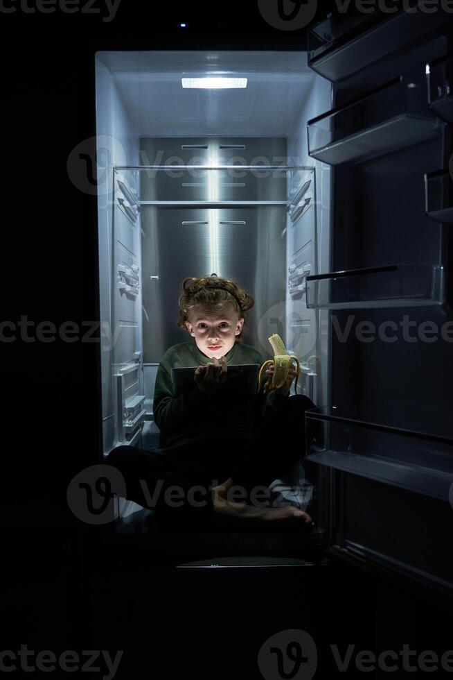 Funny boy with tablet sitting in refrigerator photo