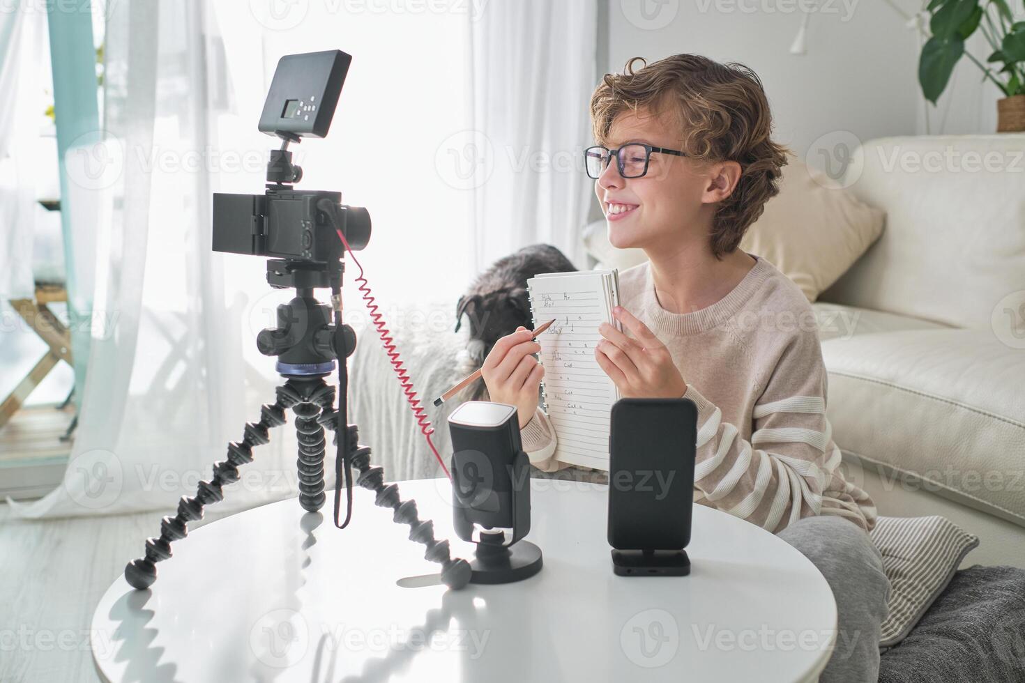 Smiling boy recording at home photo