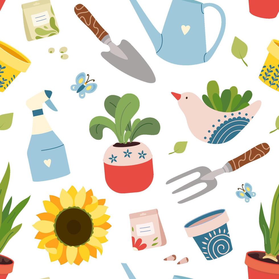 seamless pattern featuring gardening tools, decorative flower pots and young plants. Springtime hands-on gardening texture for fabrics, packaging, wrapping paper and backgrounds vector