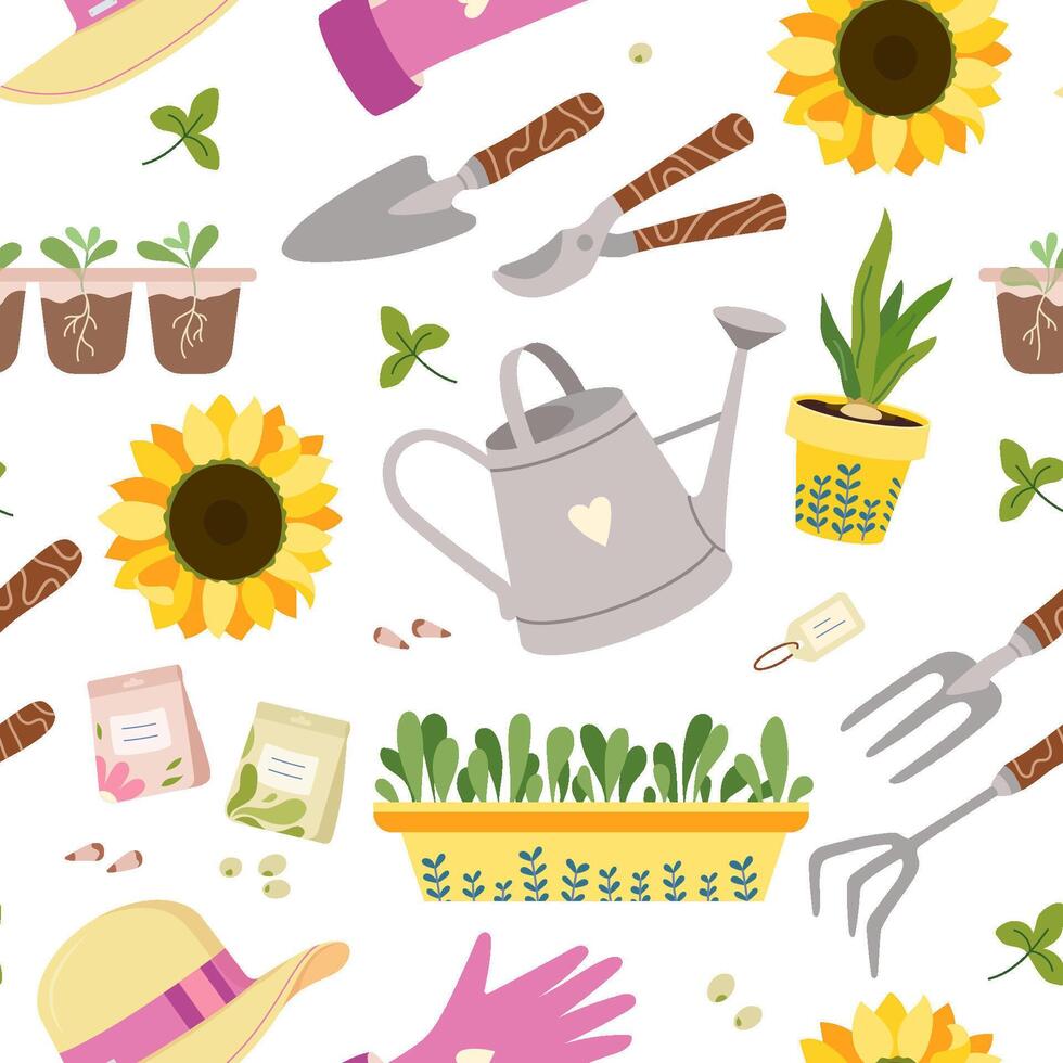 seamless pattern with gardening tools like trowels, watering cans, secateur, young plants and seedlings Springtime hands-on gardening texture for fabrics, packaging, wrapping paper, backgrounds vector