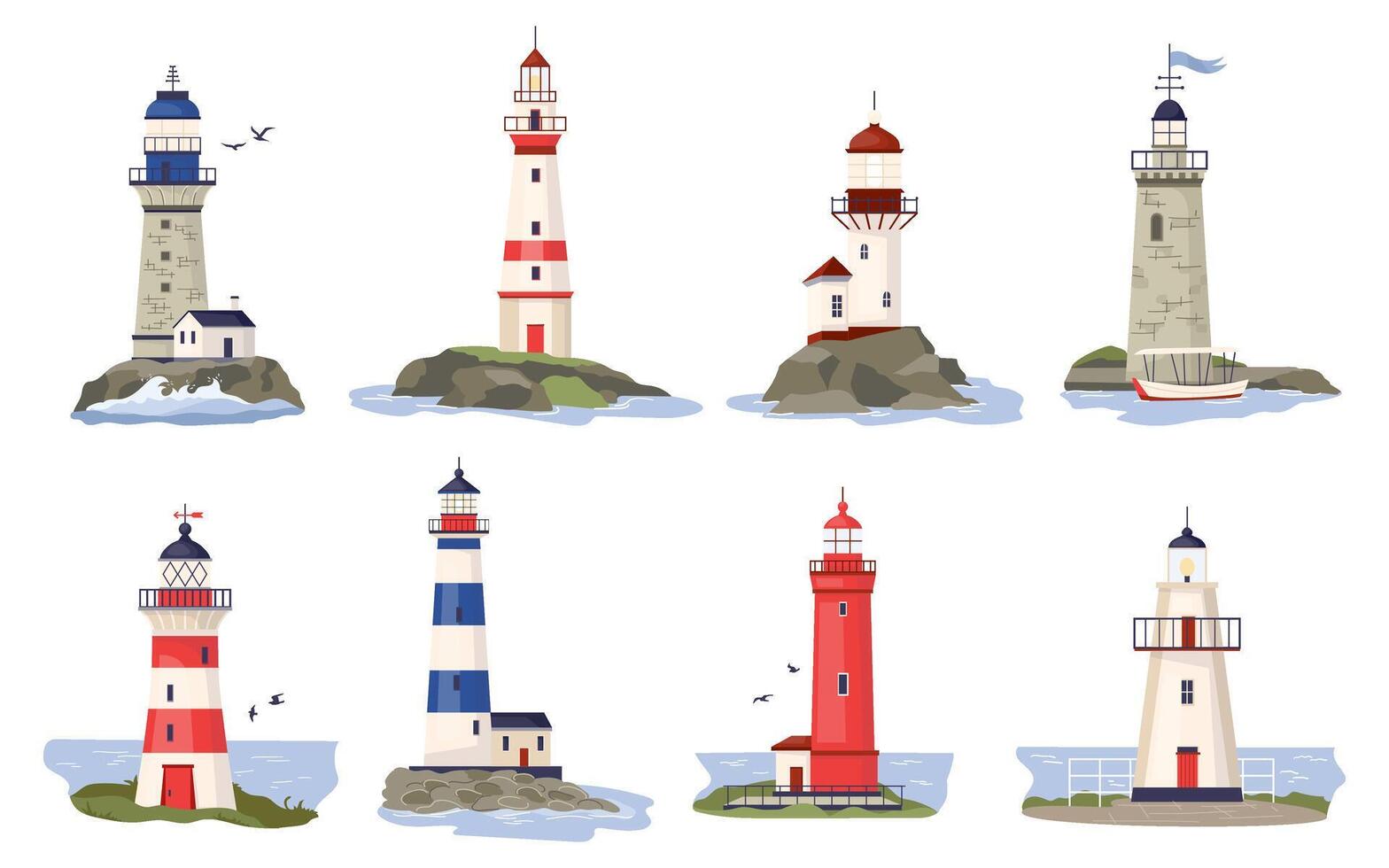 Lighthouse collection with sea coast or ocean beach rocks. Cartoon nautical navigation tower with blue, red, white stripes and beacon lights. Marine seaside architecture Flat illustrations vector