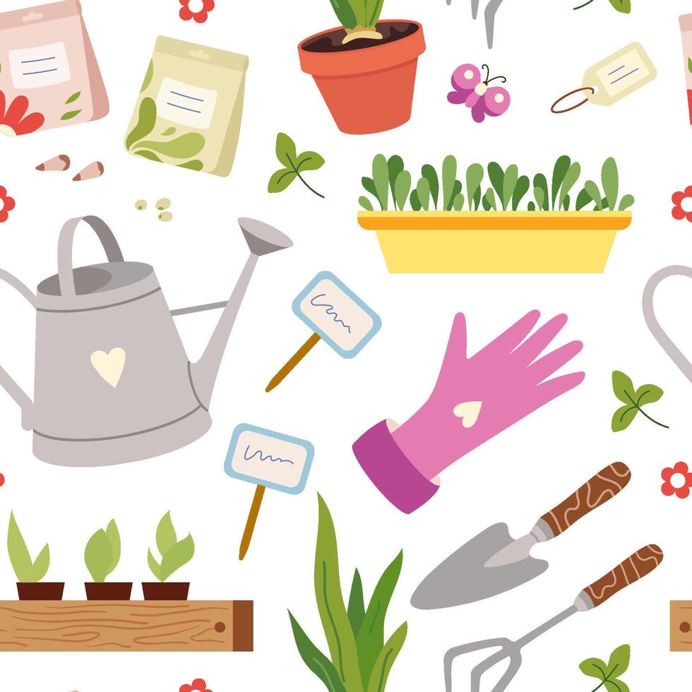 seamless pattern featuring gardening tools like trowels, watering cans, young plants and seedlings. Springtime hands-on gardening texture for fabrics, packaging, wrapping paper and backgrounds vector