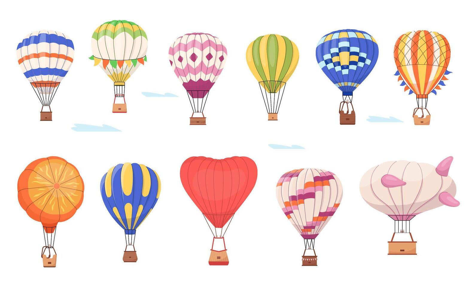 Hot air balloons collection. Flying dirigibles and other baloon with flags, design elements for decorating invitations to show. Aerial travel tourist transport with basket. Flat illustrations vector