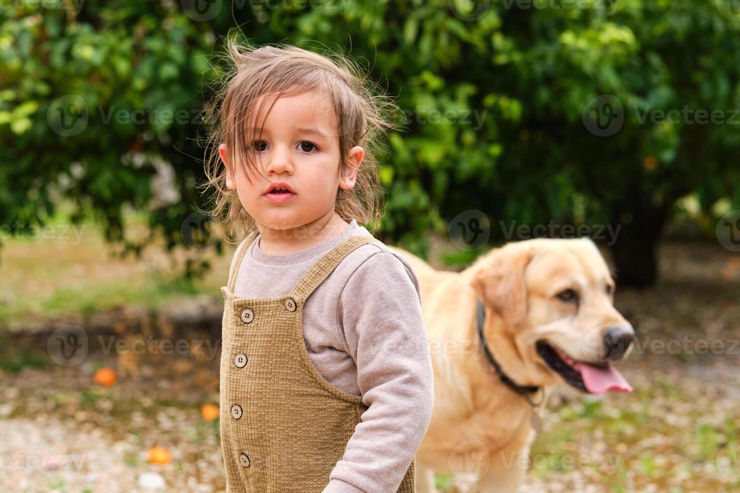 Cute girl with Labrador Retriever in garden photo