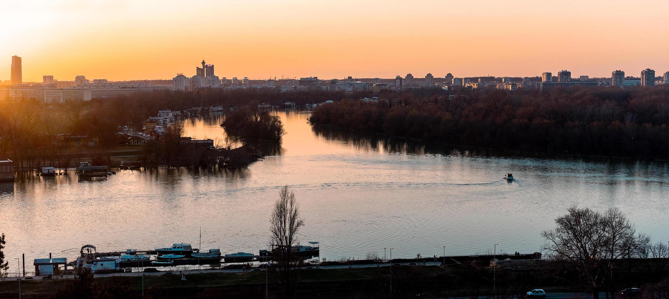 Belgrade, Serbia, February 8, 2024, view of the Danube River from Kalemegdan Fortress. Sunset view over Belgrade photo
