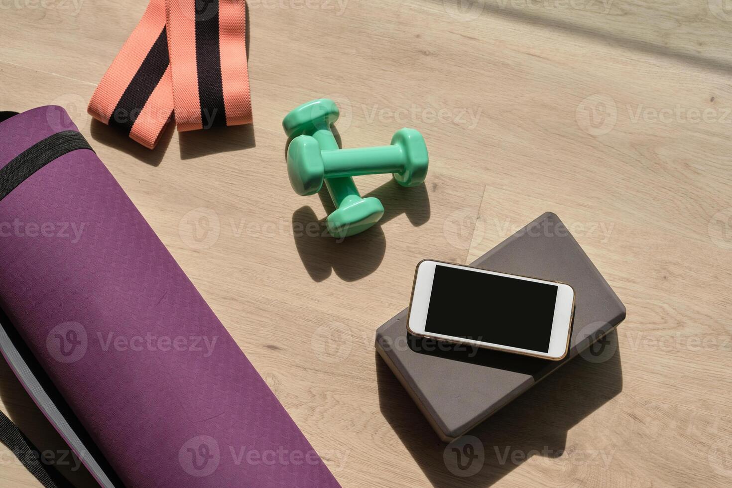 Fitness equipment and smartphone placed on floor photo