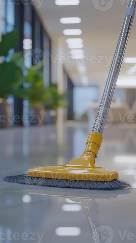 Cleaning a modern office space with a yellow mop while bright lights illuminate the environment photo