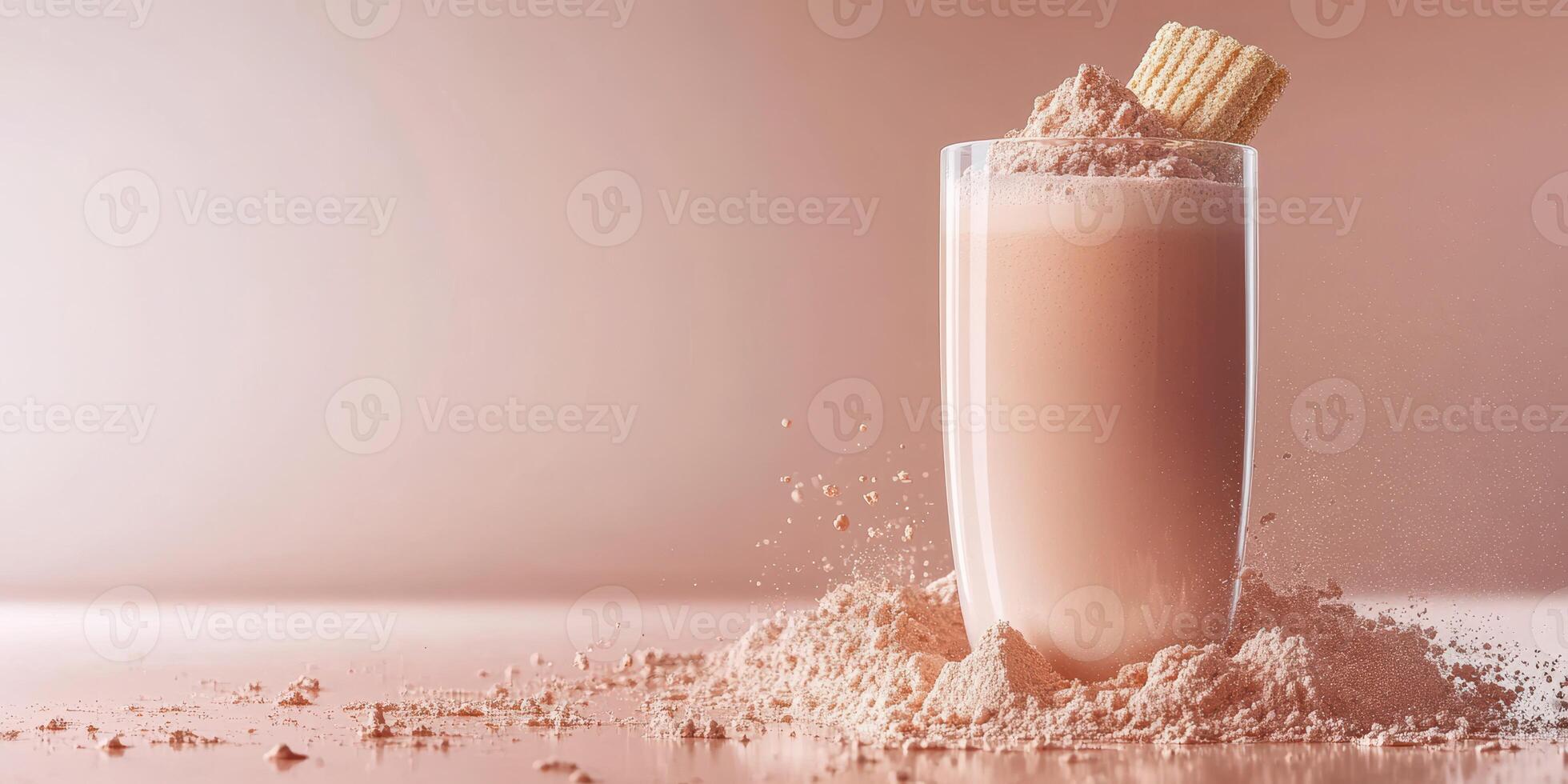Milkshake topped with a wafer lies next to scattered powder on a smooth surface in soft light photo
