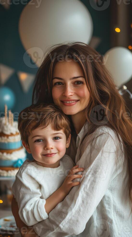 Joyful celebration at a birthday party with a mother and her son in a festive atmosphere photo