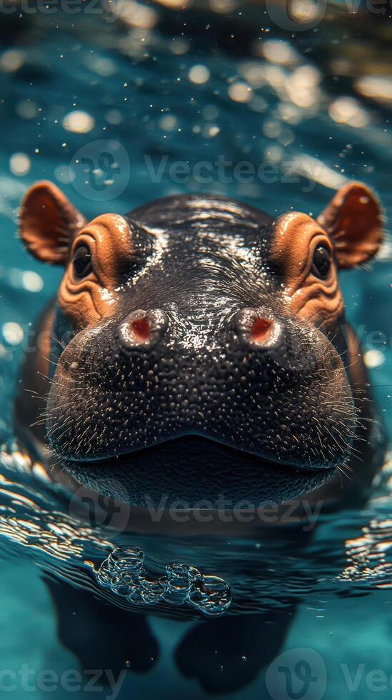 Hippo swimming underwater with bubbles in a vibrant aquarium environment showcasing its unique features photo