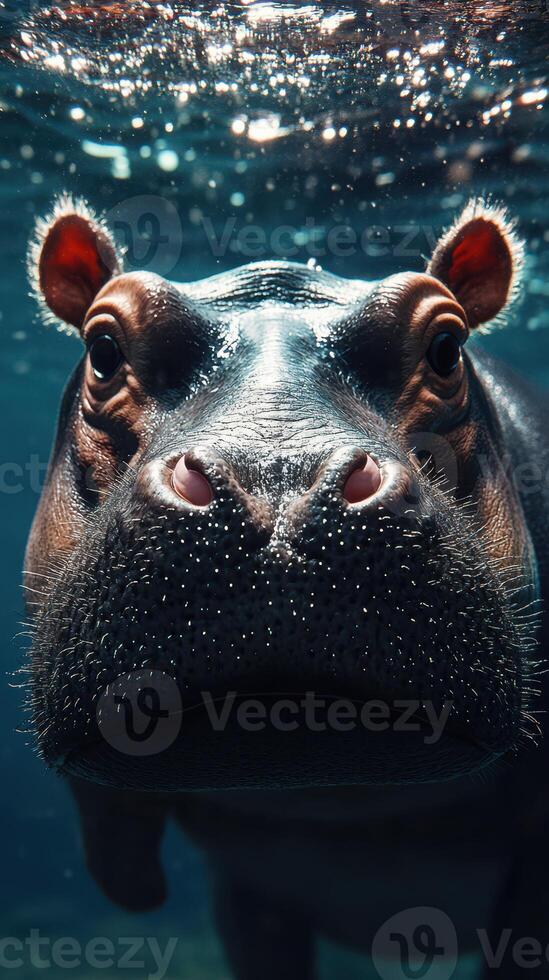 Close-up view of a hippo underwater in a serene aquatic environment during daylight photo