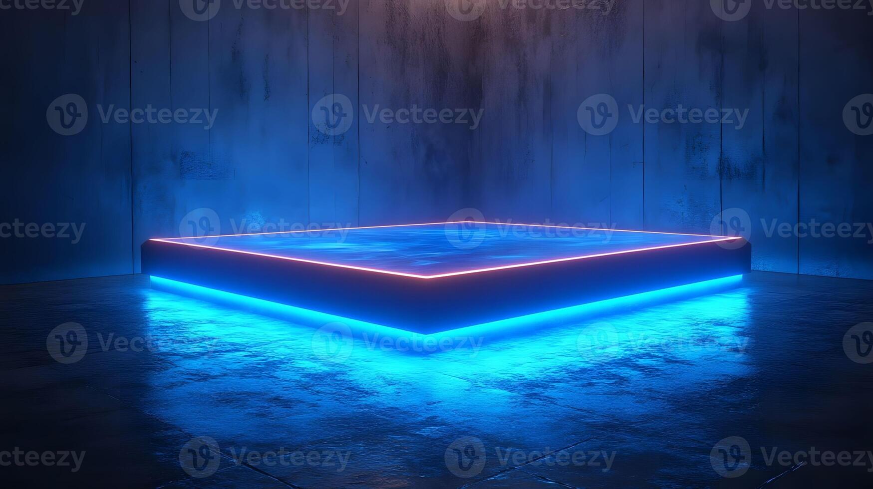 Futuristic Neon-Lit Platform in a Dark Room photo