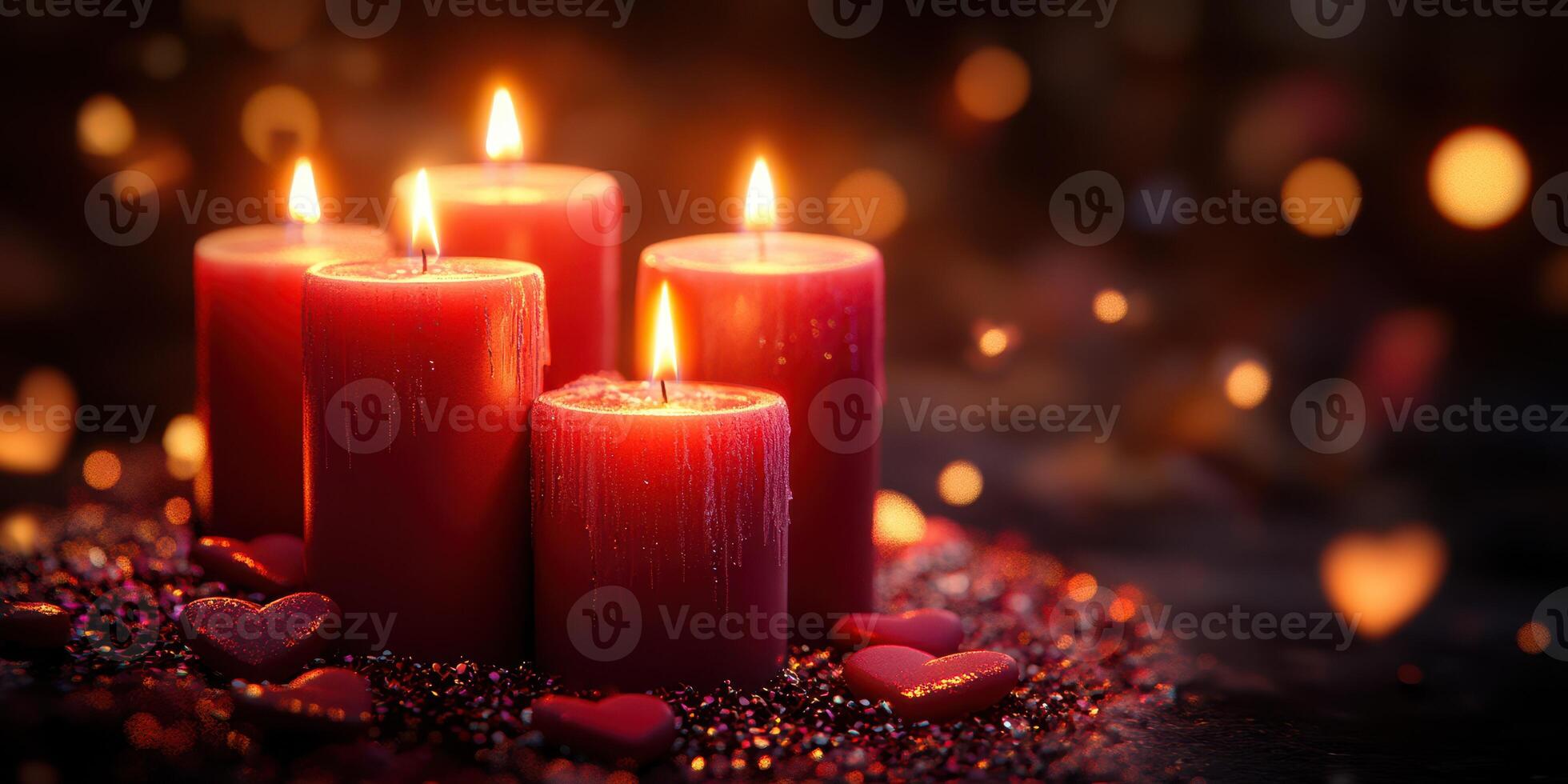 Romantic atmosphere created by glowing red candles with hearts around, perfect for celebrations and special moments photo