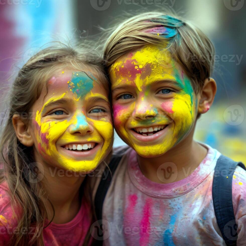 Joyful portrait of two smiling children covered in vibrant yellow, blue, and pink powder during the Holi festival and presents the essence of friendship, happiness, fun, and cultural celebration photo