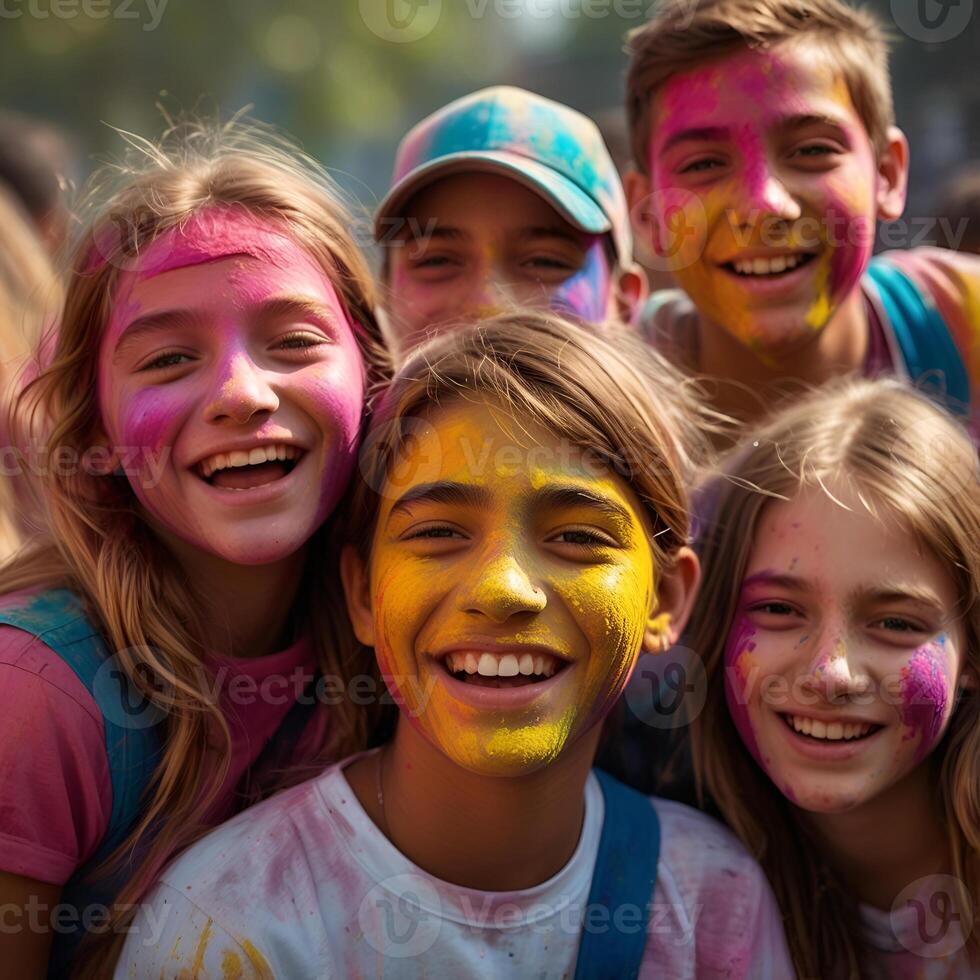 A group of cheerful teenagers covered in bright Holi powder, smiling and enjoying the festival of colors and shows the joy, friendship, cultural traditions and cultural spirit of Holi photo