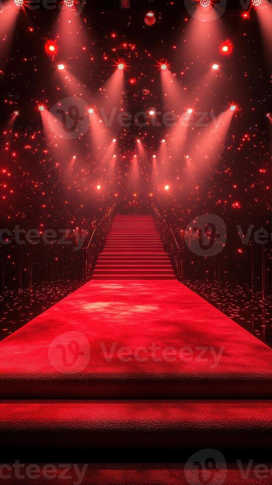 Elegant red carpet leading to illuminated stairs in a glamorous setting during a nighttime event photo