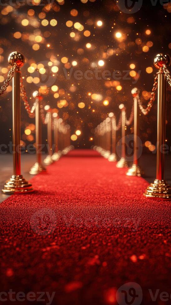 Elegant red carpet pathway lined with stanchions and sparkling lights creating a celebratory atmosphere photo