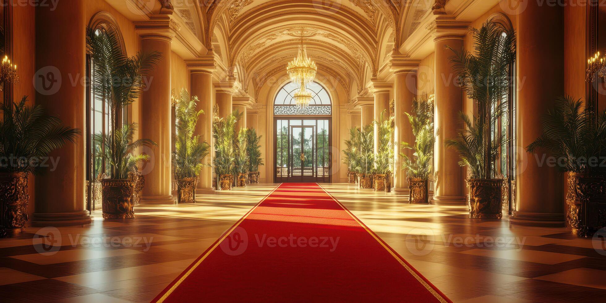 Grand entrance hall with elegant decor and red carpet leading to large windows photo