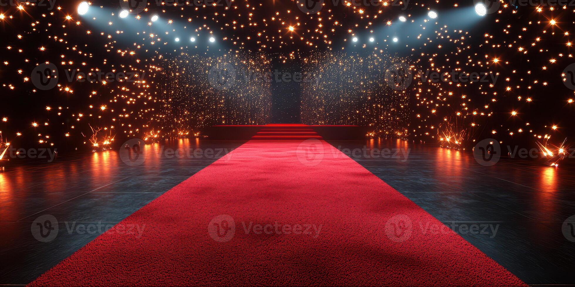 Elegant red carpet runway with dazzling lights and starry backdrop perfect for fashion shows and events photo