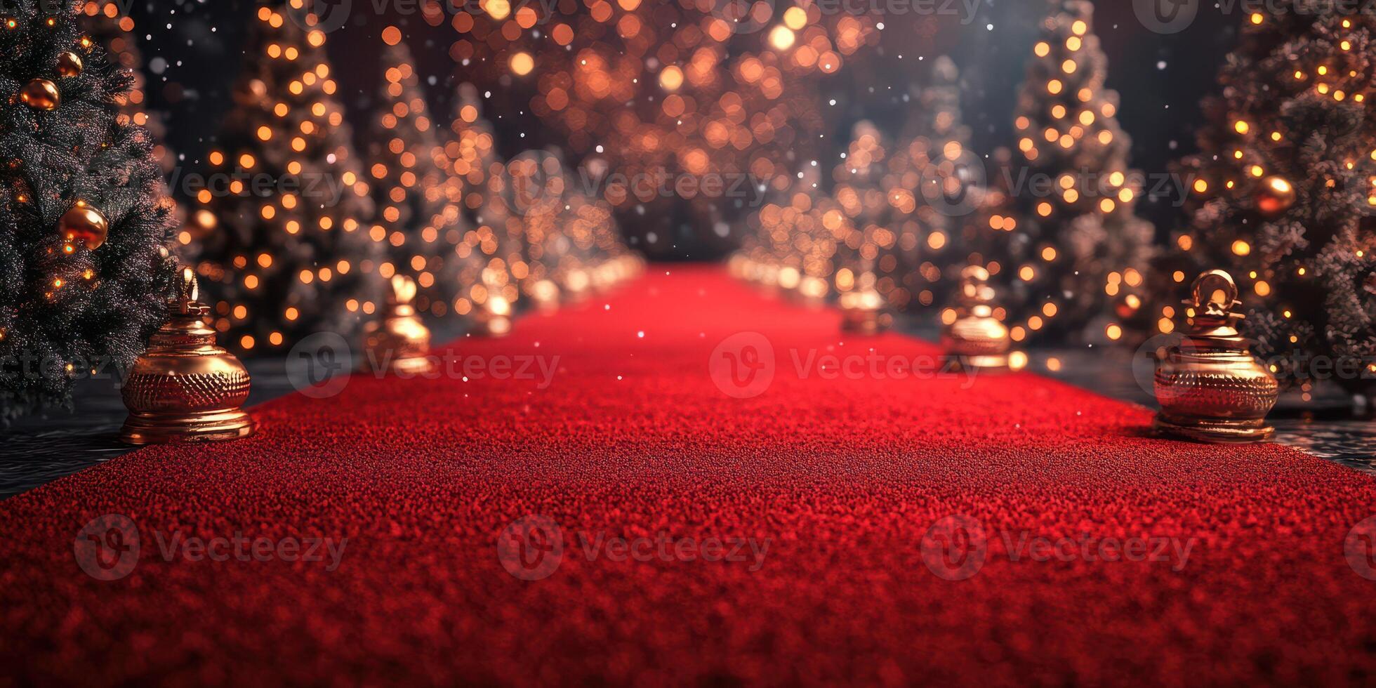 Red carpet pathway lined with sparkling Christmas trees and festive decorations during the holiday season photo