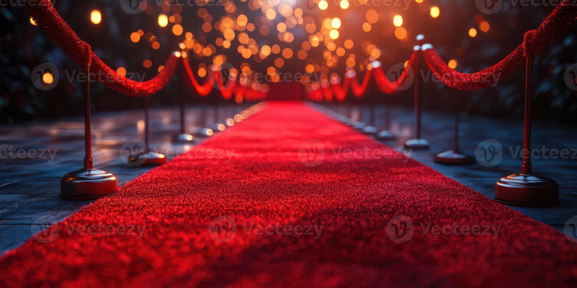 Red carpet leading to an elegantly lit entrance with glowing lights in the background during a glamorous evening event photo