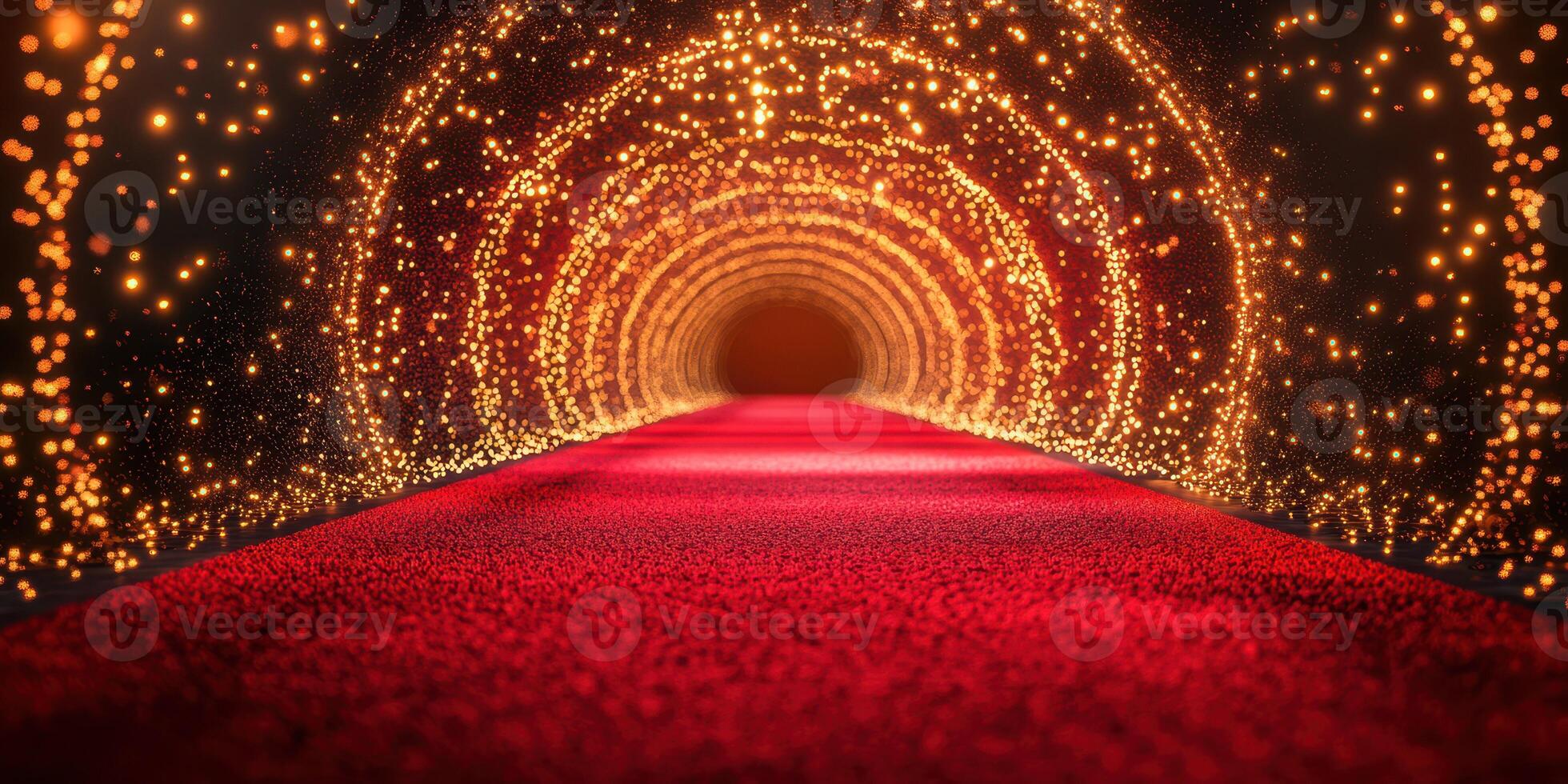 Illuminated red carpet leading through a glowing golden tunnel in a festive setting photo