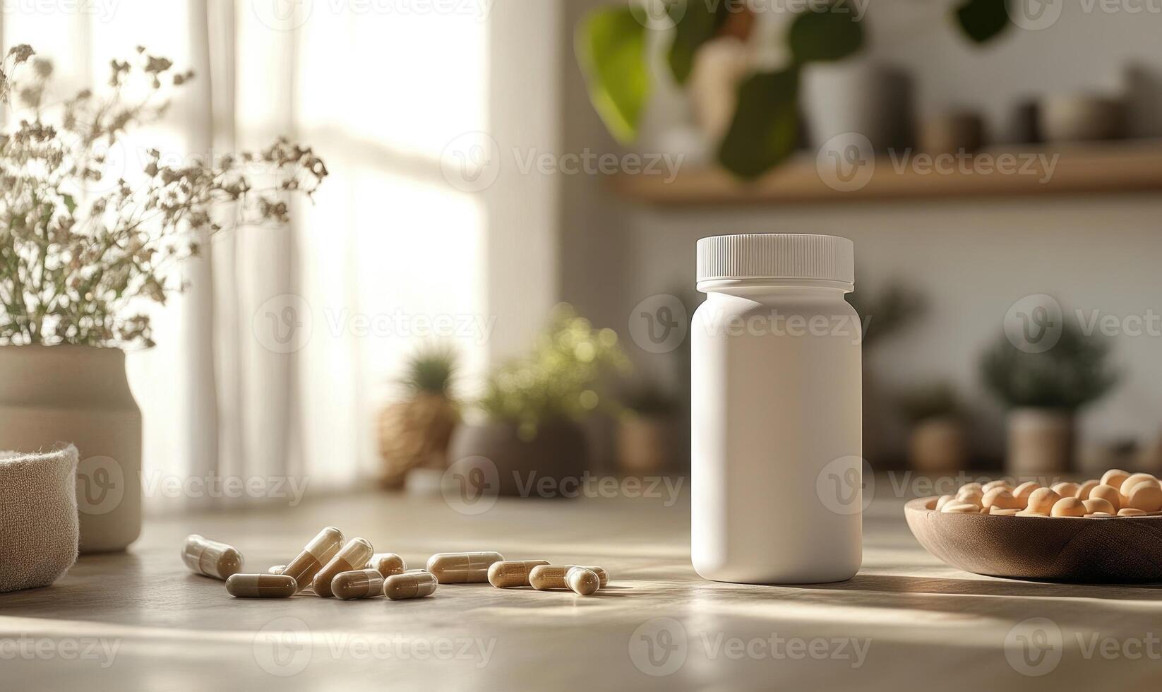 A bottle of pills is on a table next to a bowl of nuts photo