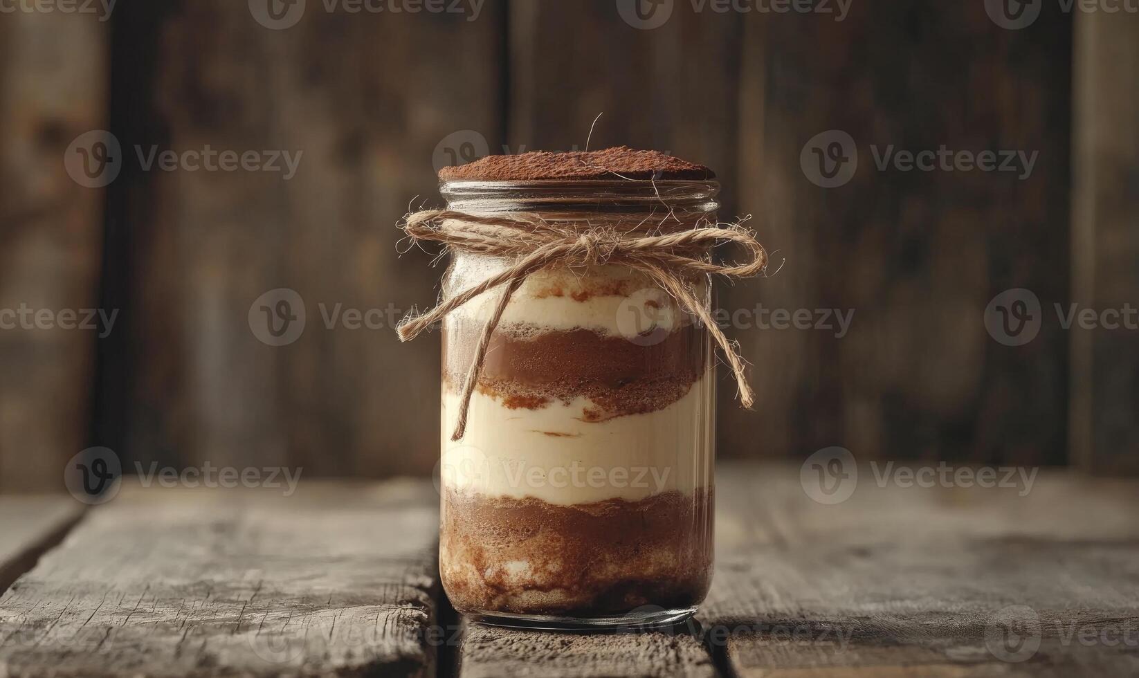 A jar of dessert with a brown rope tied around it photo