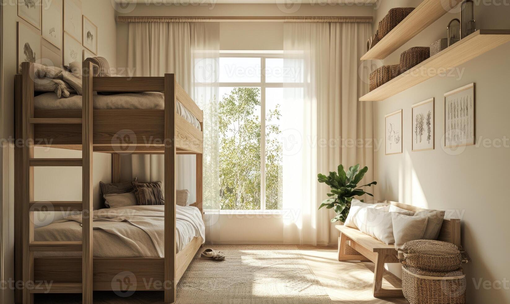 A room with a bunk bed and a bench photo