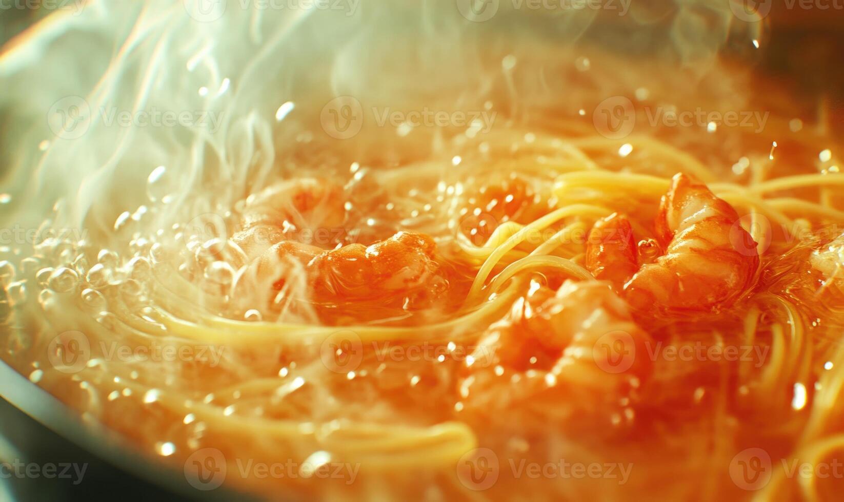 A pot of pasta with shrimp in it photo