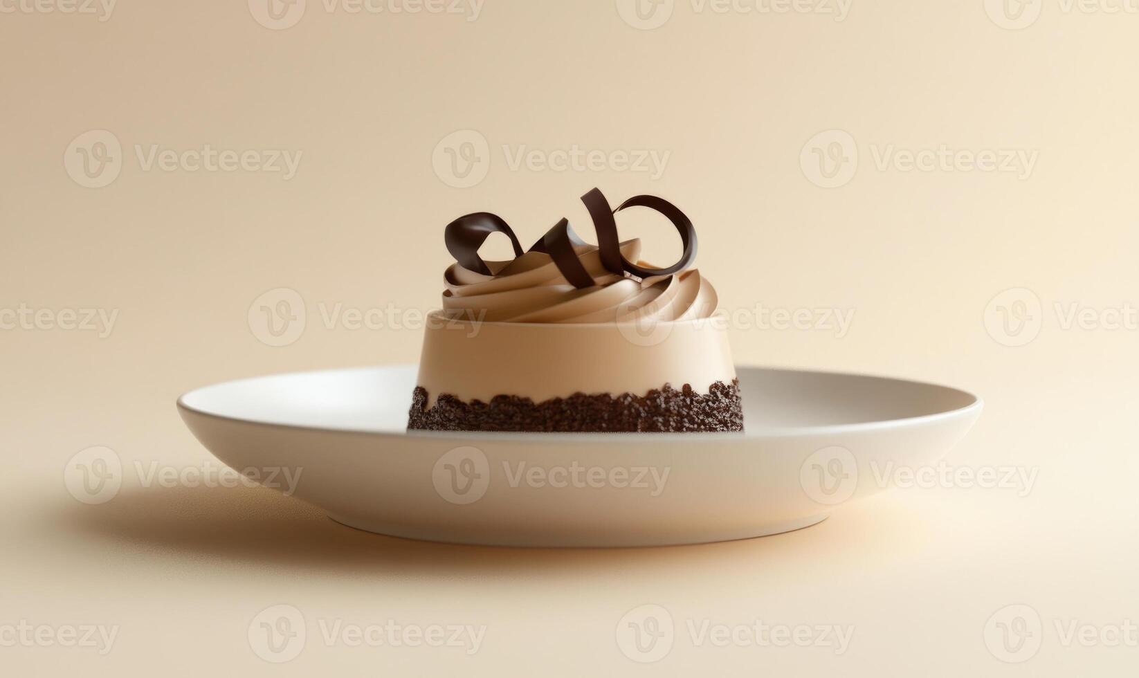 A chocolate cake with chocolate drizzle on top sits on a white plate photo