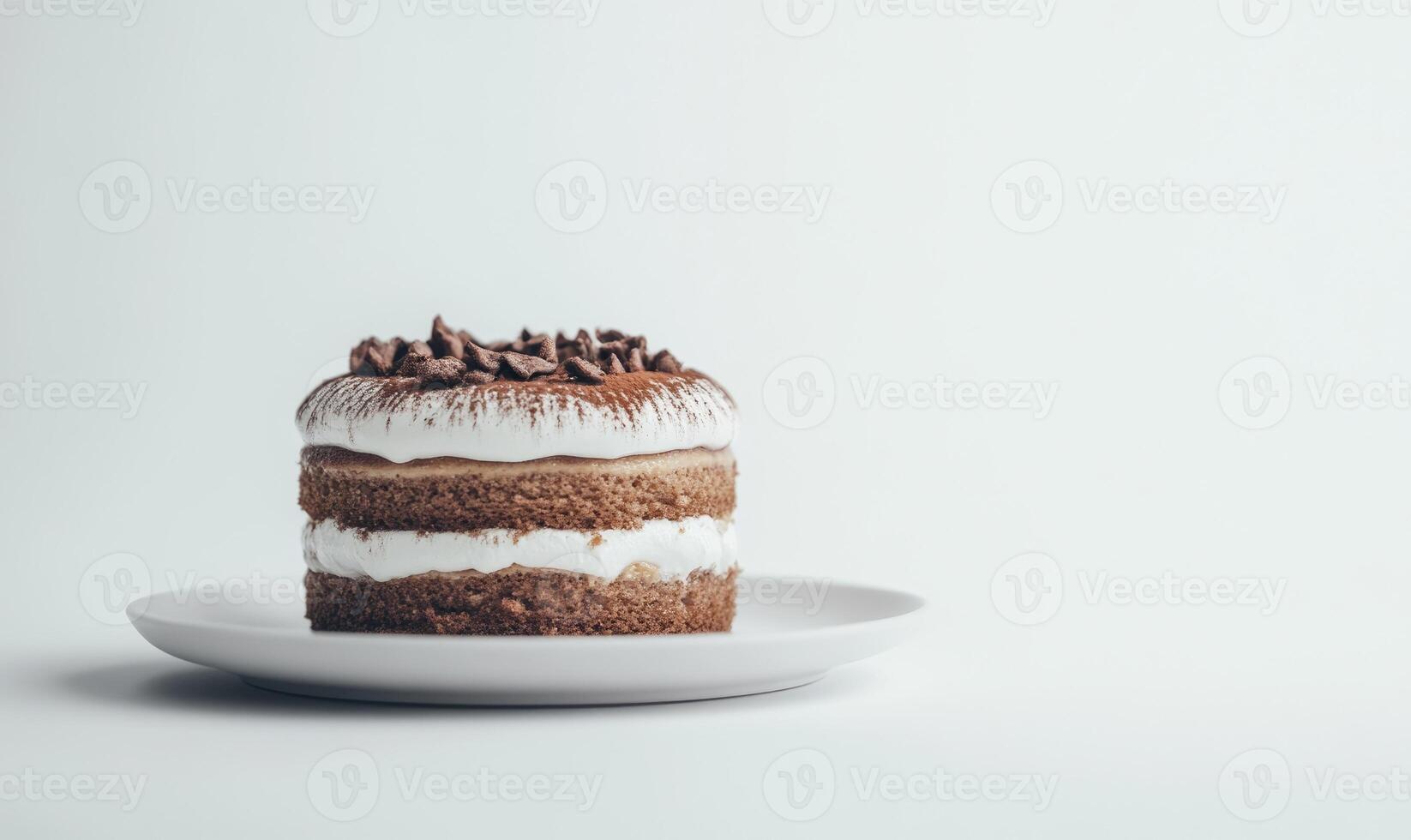 A chocolate cake with white frosting and chocolate chips on top photo