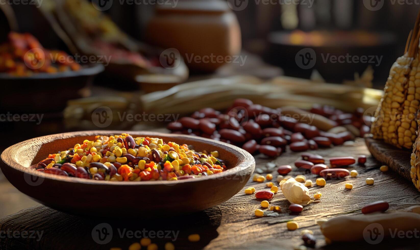 A bowl of food with beans and corn on a wooden table photo