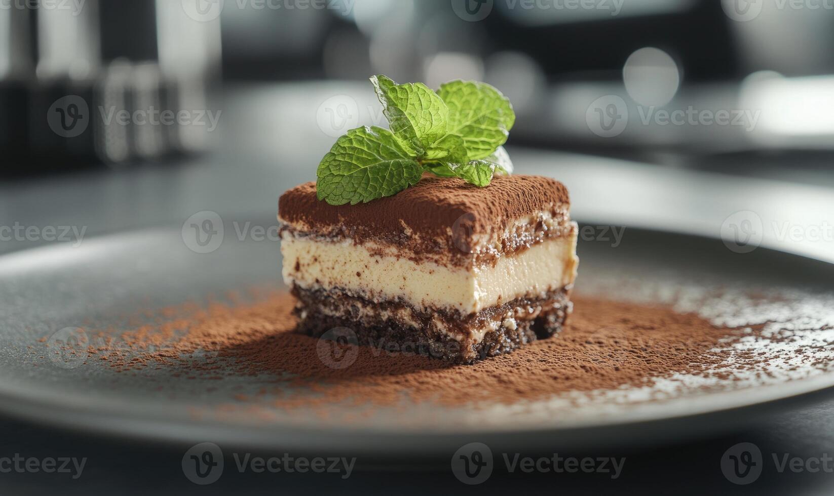 A slice of chocolate cake with a green leaf on top photo