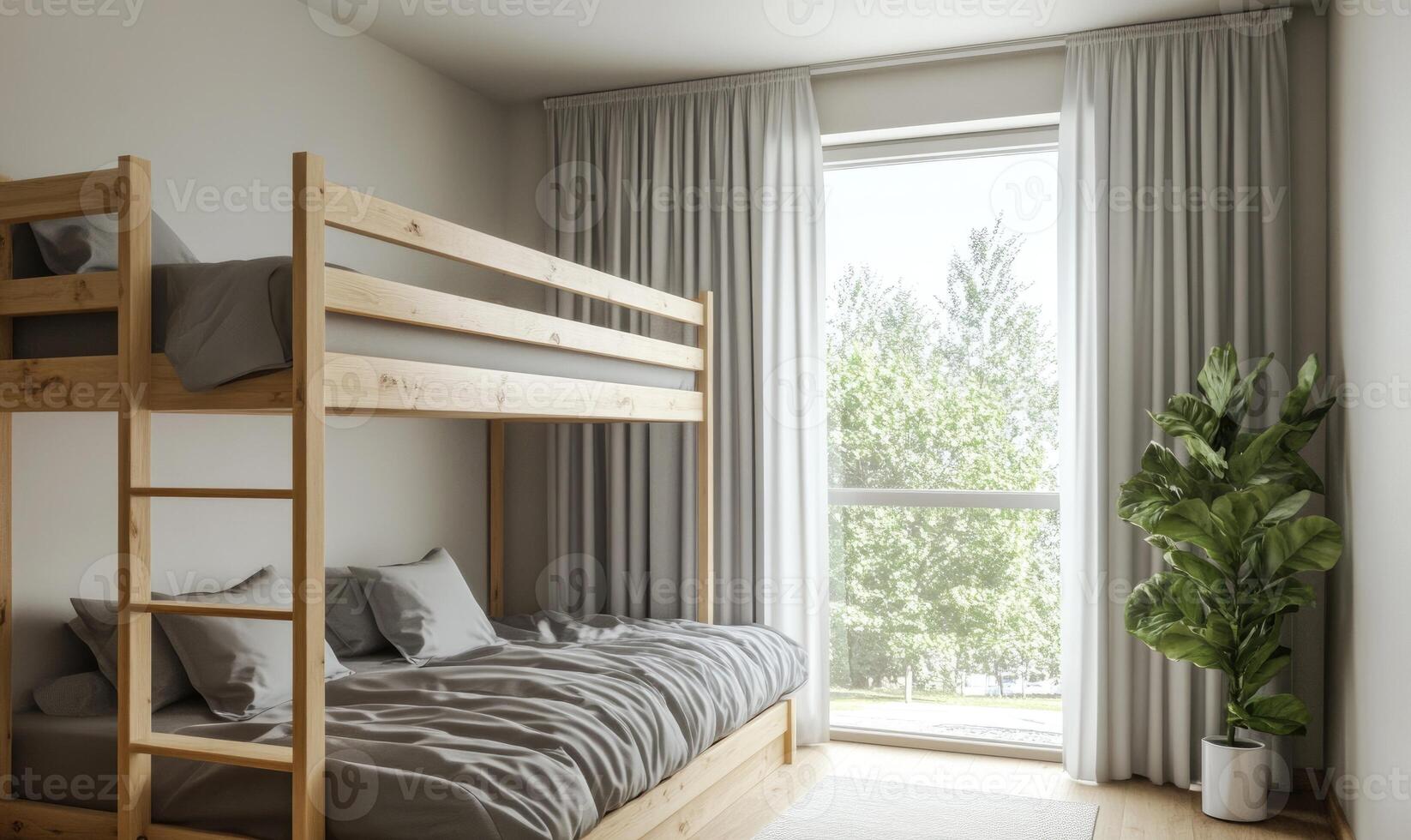 A bunk bed is in a room with a window and a plant photo