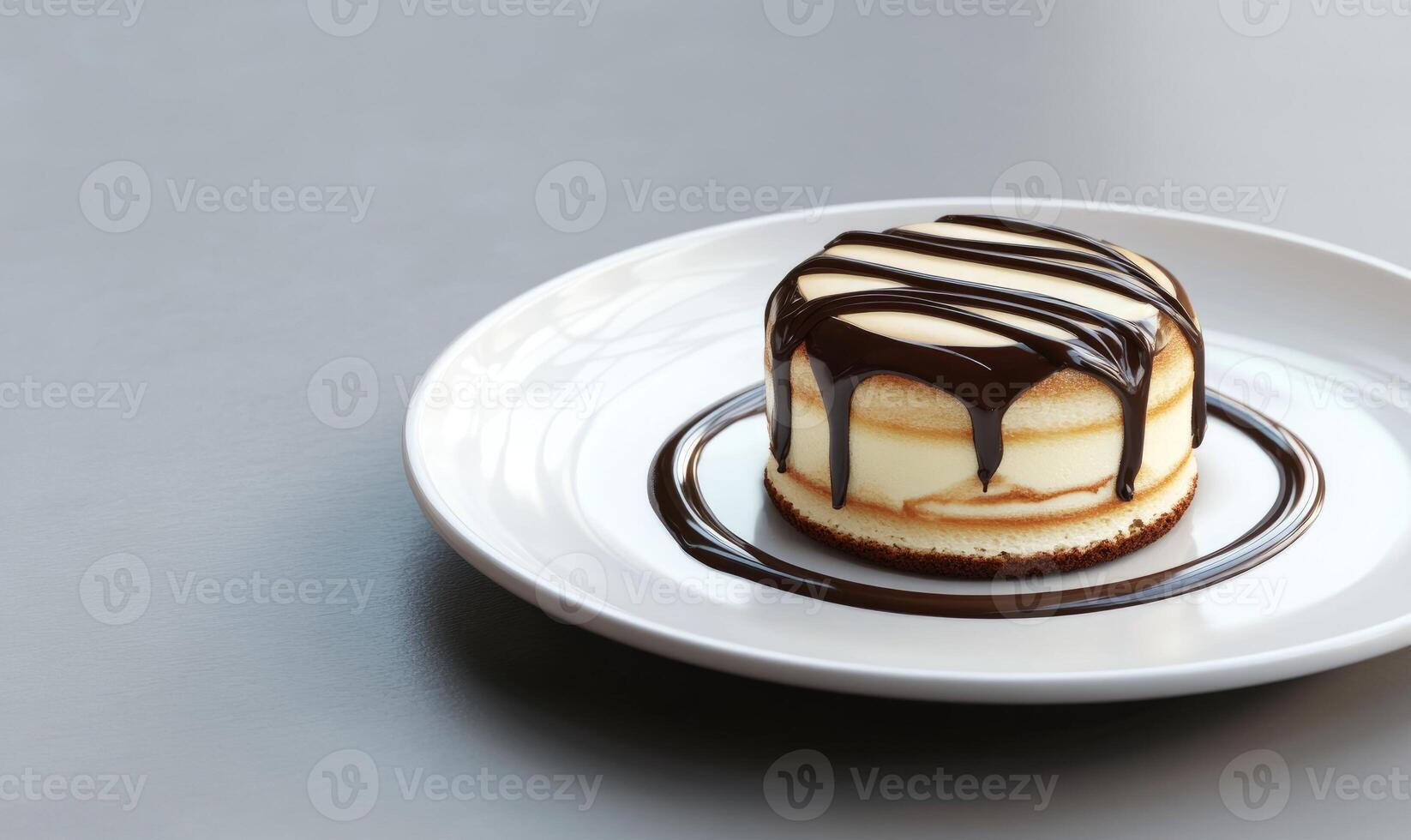 A chocolate cake with chocolate drizzle on top of a white plate photo