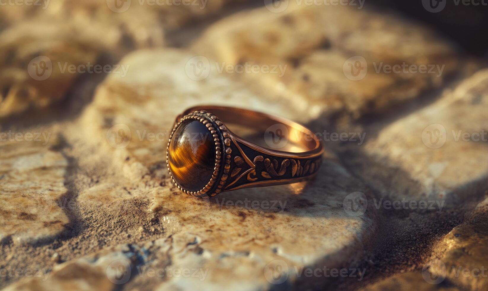 A gold and silver ring with a tiger eye stone photo